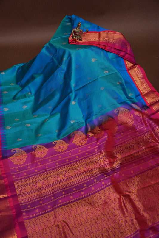 Pure Gadwal Silk Saree - Blue with Pink|Silk Mark Certified