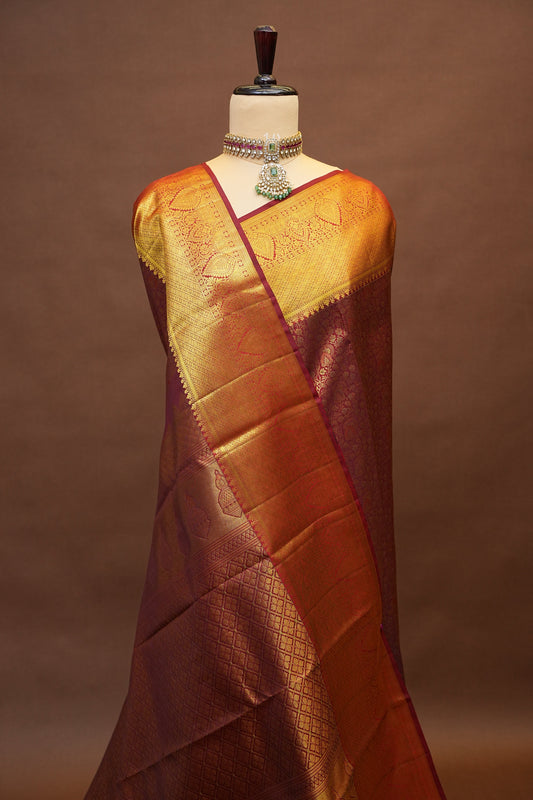 Pure Kanchipuram Silk Saree with Rich Zari Weave - Antique Gold & Maroon