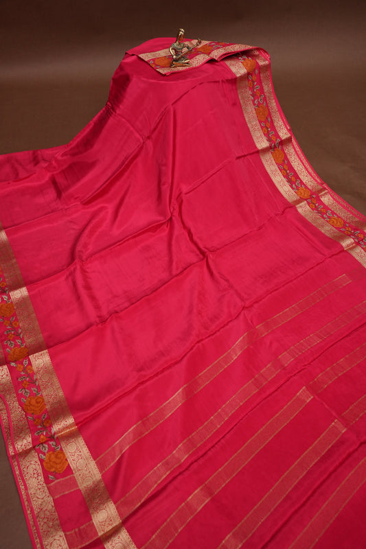 Crepe Silk Saree with Embroidered Border - Pink