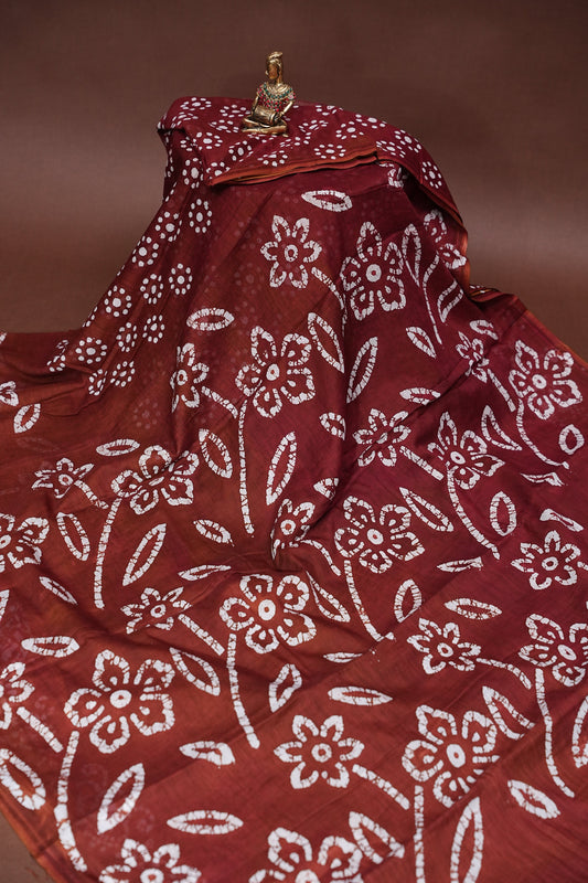 Batik Printed Mulmul Cotton Saree - Brown
