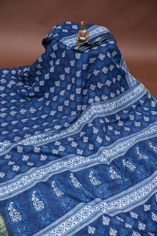Mul Mul Cotton Ajrak Print Saree - Indigo Blue