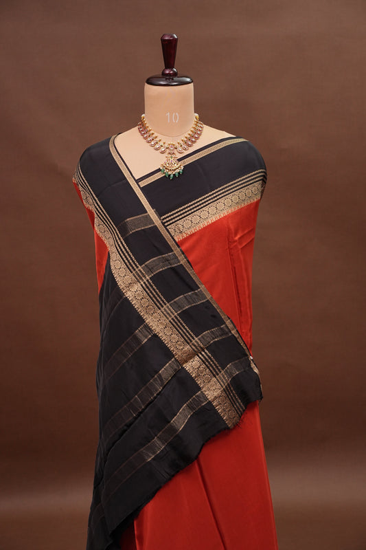 Plain Crepe Silk Saree - Rust and Black