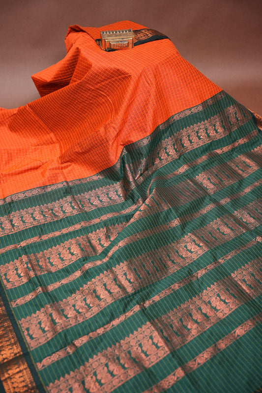 Checkered Kalyani Cotton Silk Saree - Orange