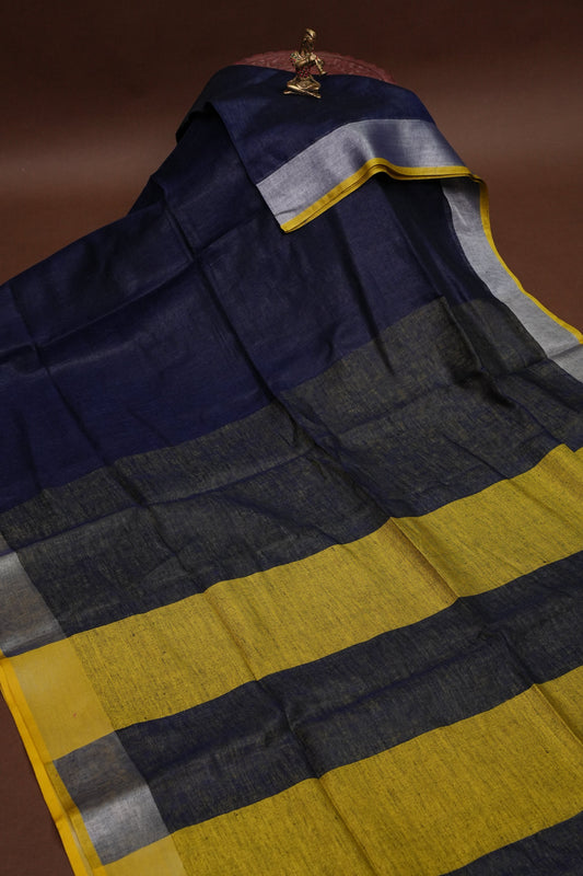 Pure Linen Saree with Tassles - Navy Blue & Mustard Yellow