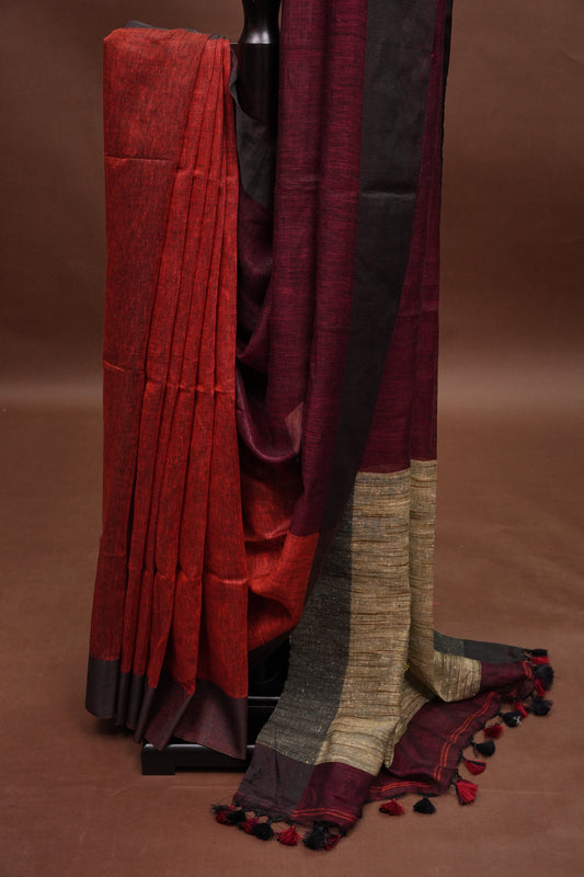Half & Half Pure Linen Saree with Jute Pallu & Tassles - Maroon & Rust