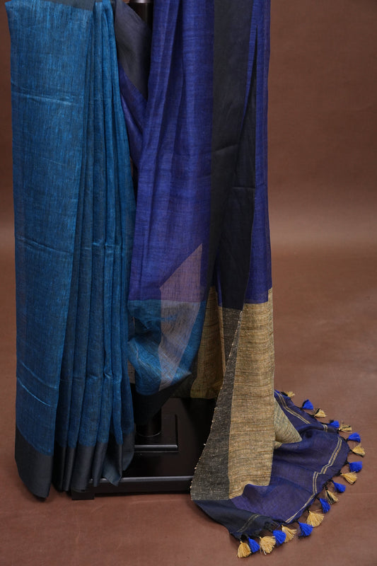 Half & Half Pure Linen Saree with Jute Pallu & Tassles - Teal Blue & Deeper Blue