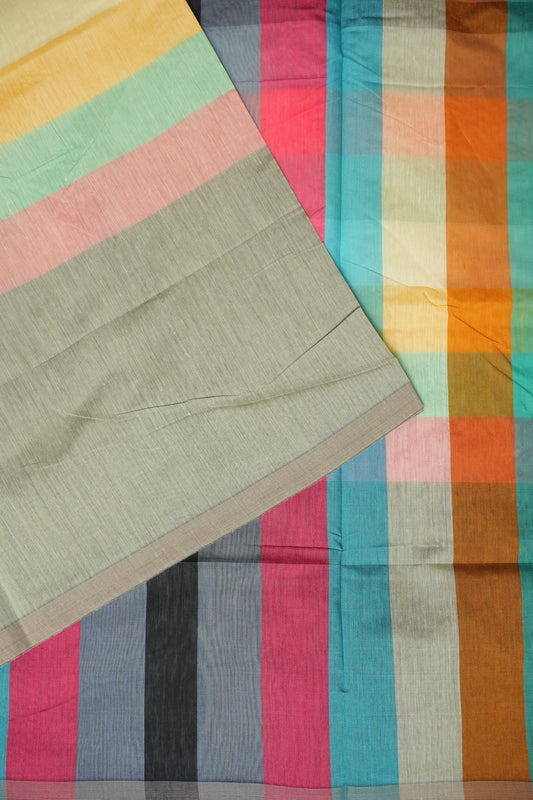 Checkered Cotton Saree - Beige