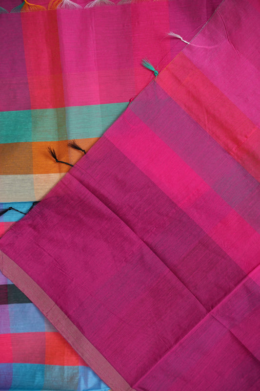 Checkered Cotton Saree - Pink