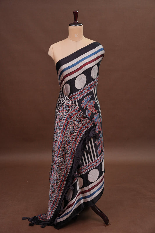 Pure Modal Silk With Block Prints Saree β Black