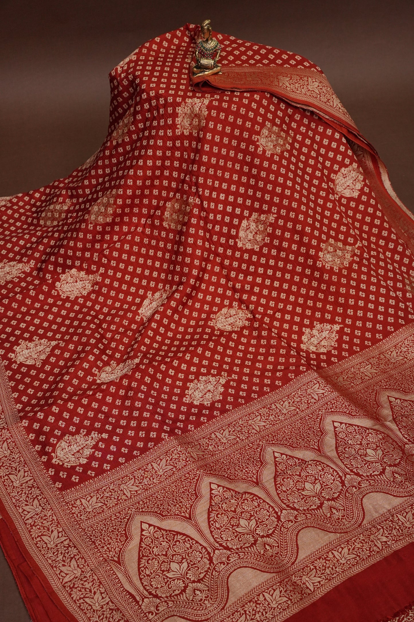 Crushed Munga Banarasi Saree with Bandhini Prints-Rust Orange