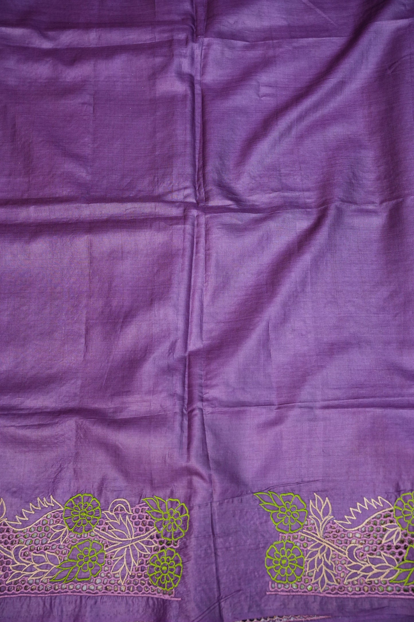 Pure Tussar Silk Saree with Floral Cutwork Embroidered Borders β Purple