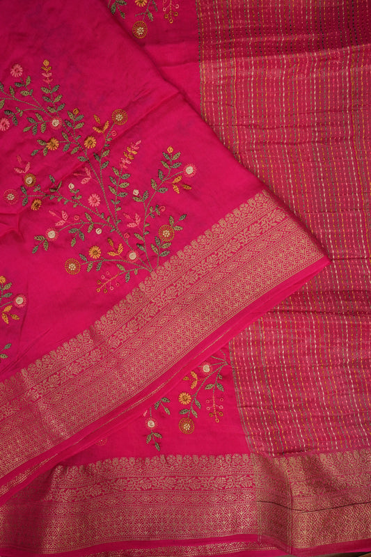 Rani Pink Crepe silk saree with French knot work