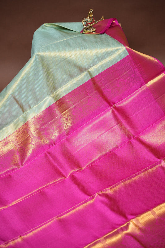 Pastel Mint Green & Hot Pink Pure Tissue Kanchipuram Silk Saree|Silk Mark Certified