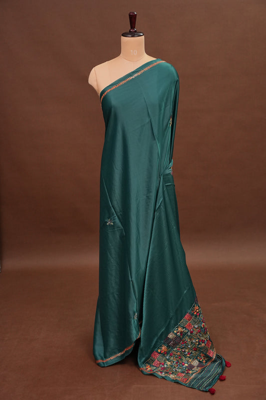 Deep Teal Green Crepe silk saree with French knot work