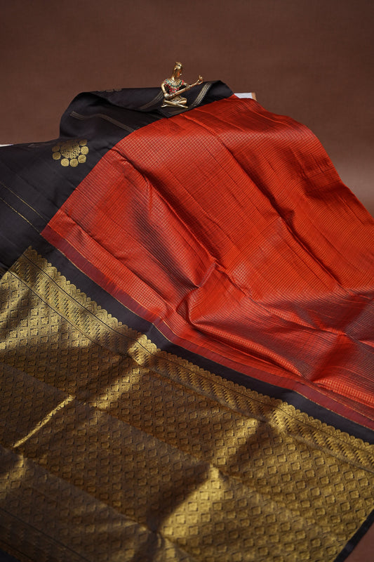 Rust Orange & Black Pure Kanchipuram Silk Saree|Silk Mark Certified
