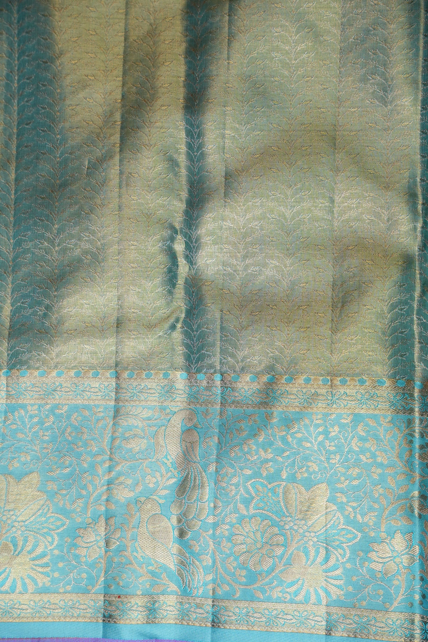 Pure Tissue Kanchipuram Silk Saree - Pinkish Peach with Aqua Blue| Silk Mark Certified