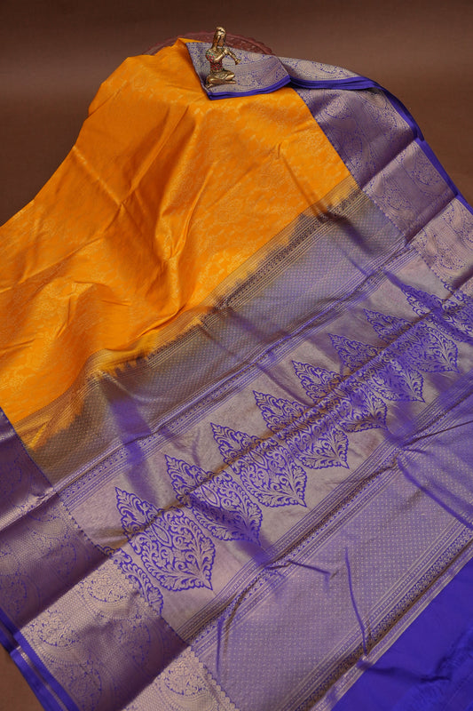 Kanchivaram Semi Silk Saree - Mustard Yellow with Royal Blue