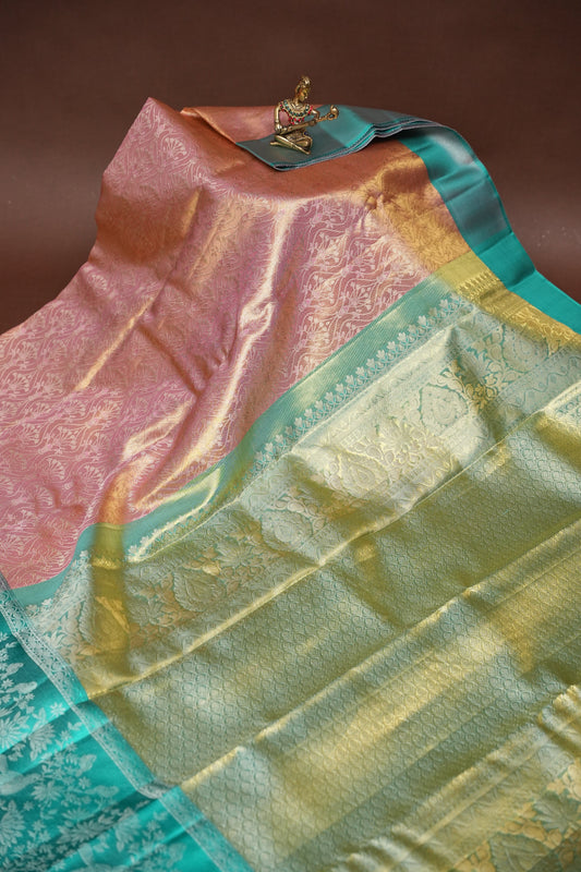 Pure Tissue Kanchipuram Silk Saree - Peachish Pink with Turquoise Green|Silk Mark Certified