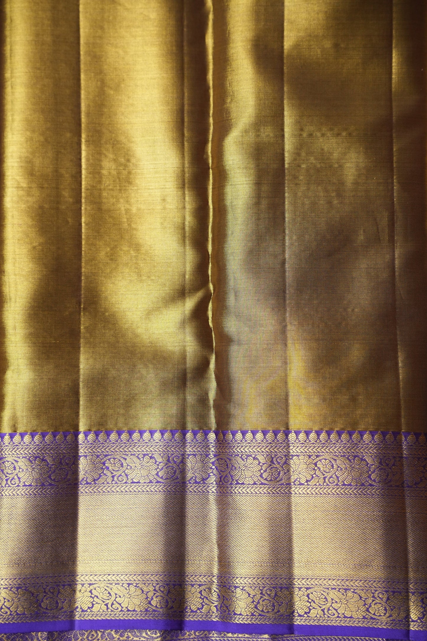 Geometric Pure Tissue Kanchipuram Silk Saree - Gold With Royal Purple & Gold Border| Silk Mark Certified