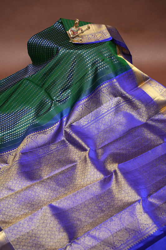 Pure Kanchipuram Silk Saree - Peacock Green & Blue| Silk Mark Certified