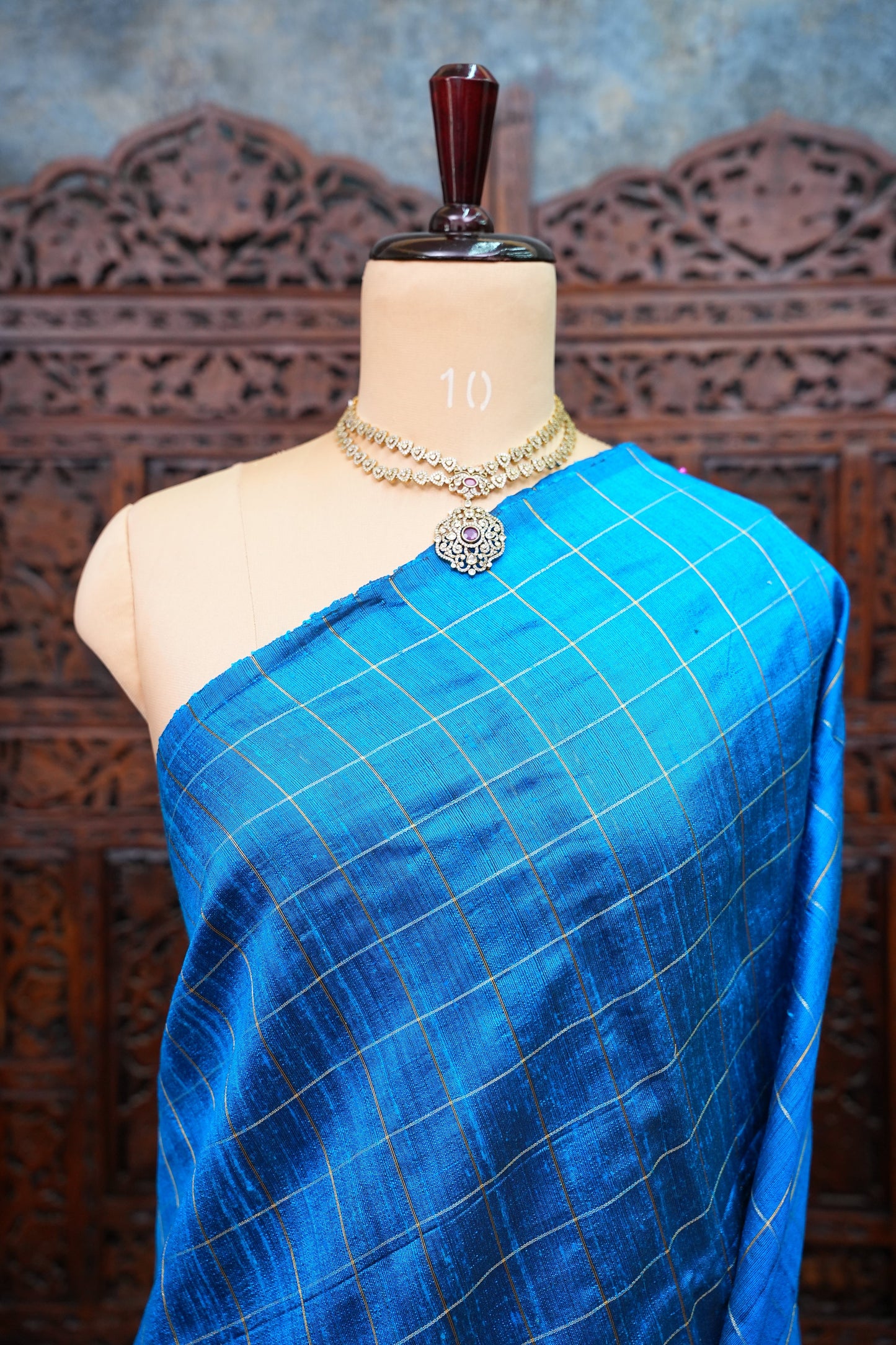 Pure Raw Silk Saree with Gold Checks β Royal Blue & Mustard Yellow