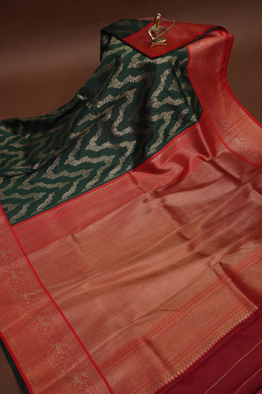 Kanchivaram Semi Silk Saree - Emerald Green with Red