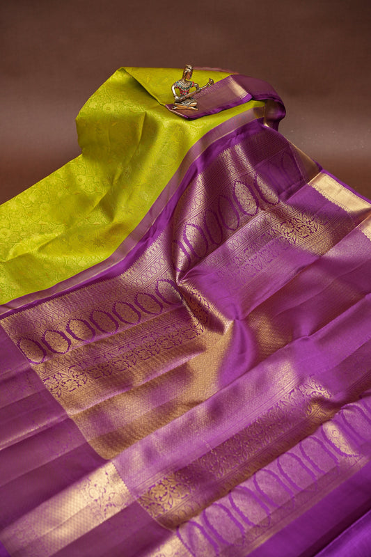 Pure Kanchipuram Brocade Silk Saree - Bright Parrot Green with Purple Border| Silk Mark Certified