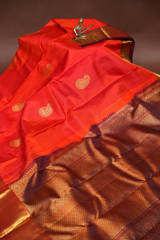 Pure Kanchipuram Silk Saree - Orange & Maroon| Silk Mark Certified
