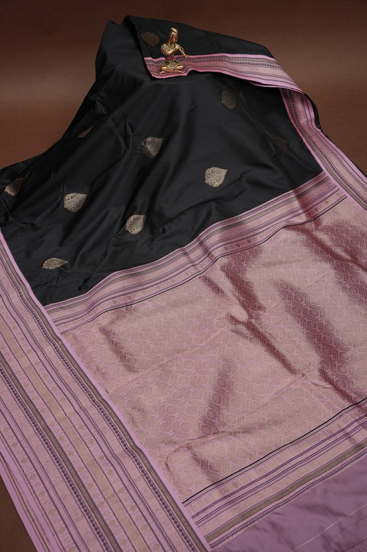 Black Semi Silk Saree with Pink Vintage Zari Border