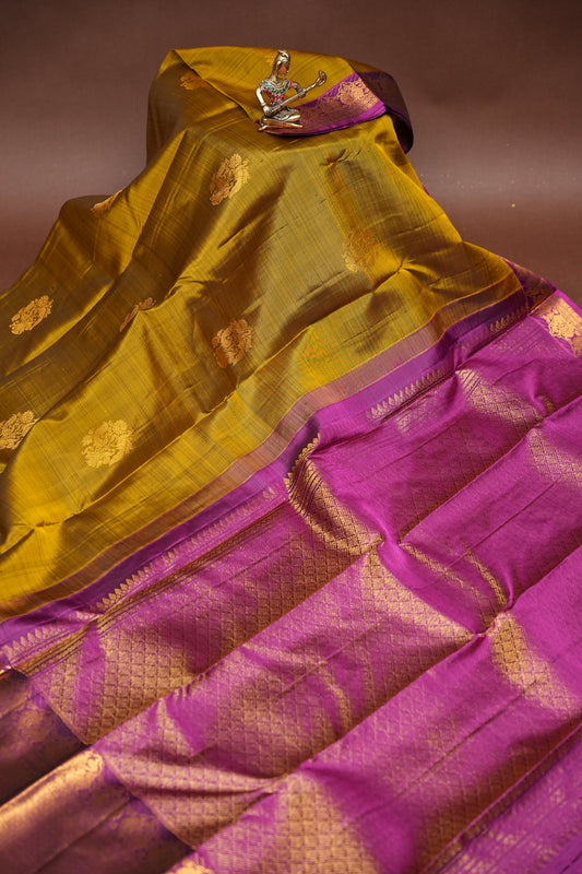Pure Kanchipuram Silk Saree - Burnt Olive Green with Deep Magenta| Silk Mark Certified