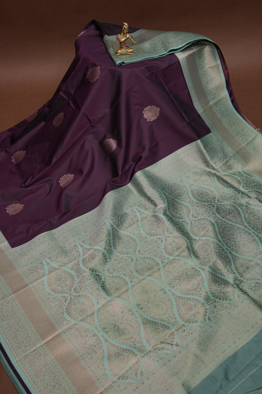 Deep Purple Semi Silk Saree with Sea Green Zari Border