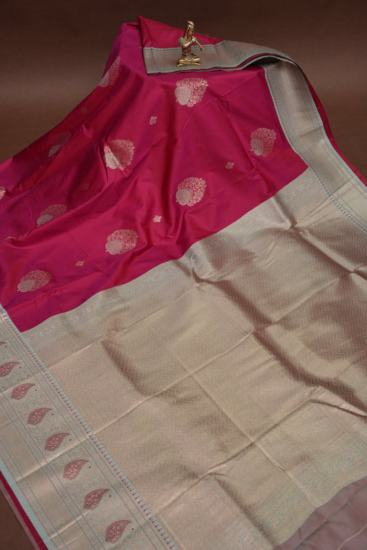 Pink Semi Silk Saree with Ice Blue Zari Border