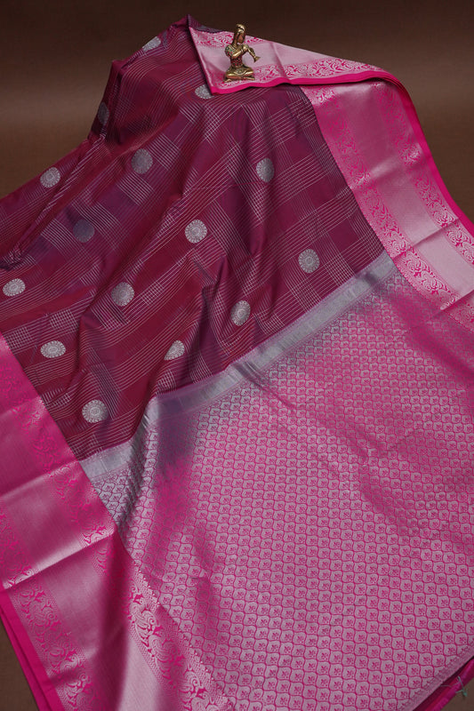 Kanchivaram Semi Silk Saree - Wine with Pink Korvai Border