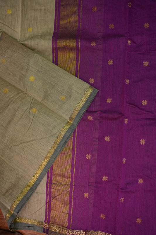 Maheshwari Silk Cotton Saree | Beige with Purple