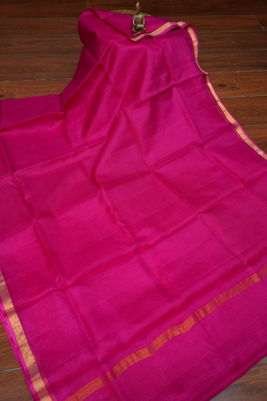 Silk Kota Plain Saree - Hot Pink