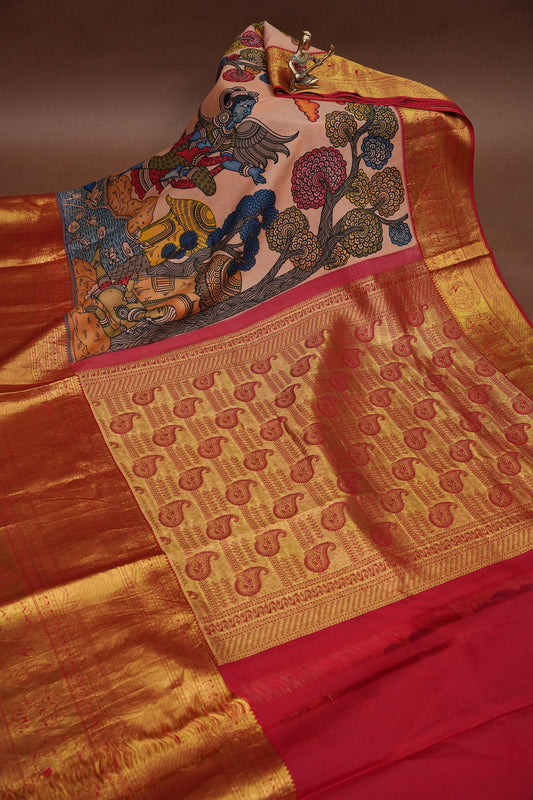 Handpainted Pen Kalamkari Pure Kanchipuram Silk Saree - Peach with Red Border|Silk Mark Certified