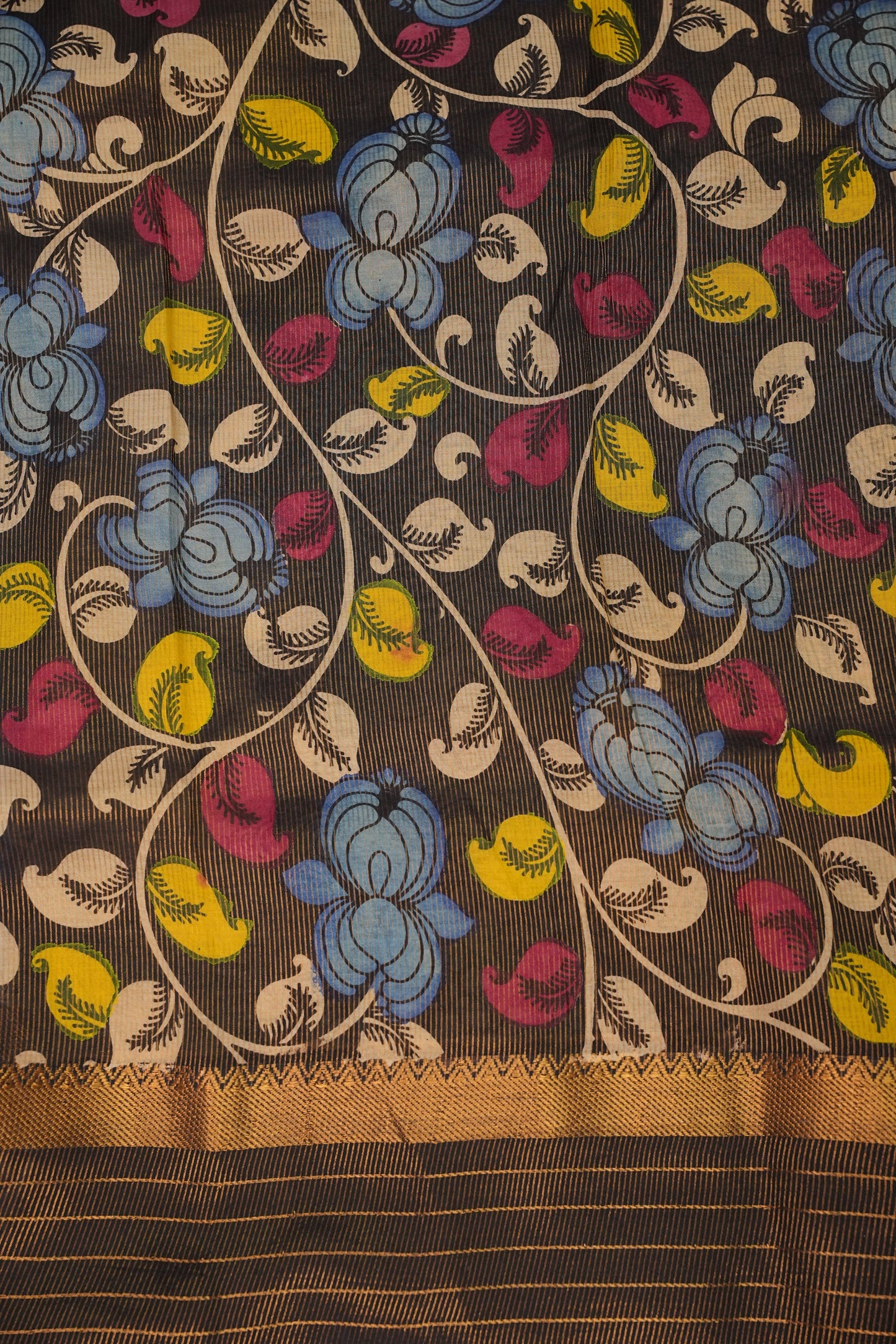 Handpainted PenKalamkari Saree on Bangalore Silk – Beige & Black