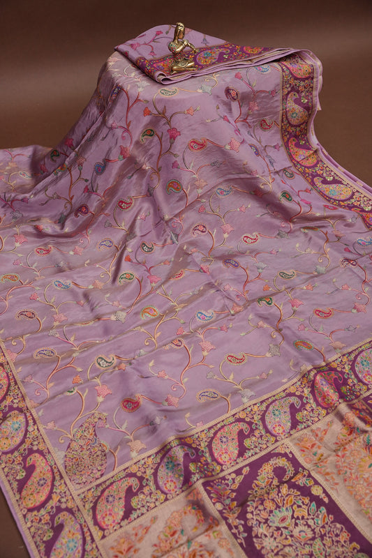 Kashmiri Pashmina Mellow Tissue Banarasi Saree - Dusty Lavender / Lilac Tone.