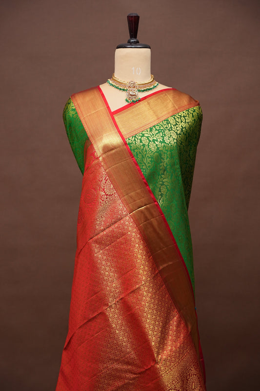 Emerald Green & Red Pure Kanchipuram Silk with 1 Gram Zari Weave|Silk Mark Certified