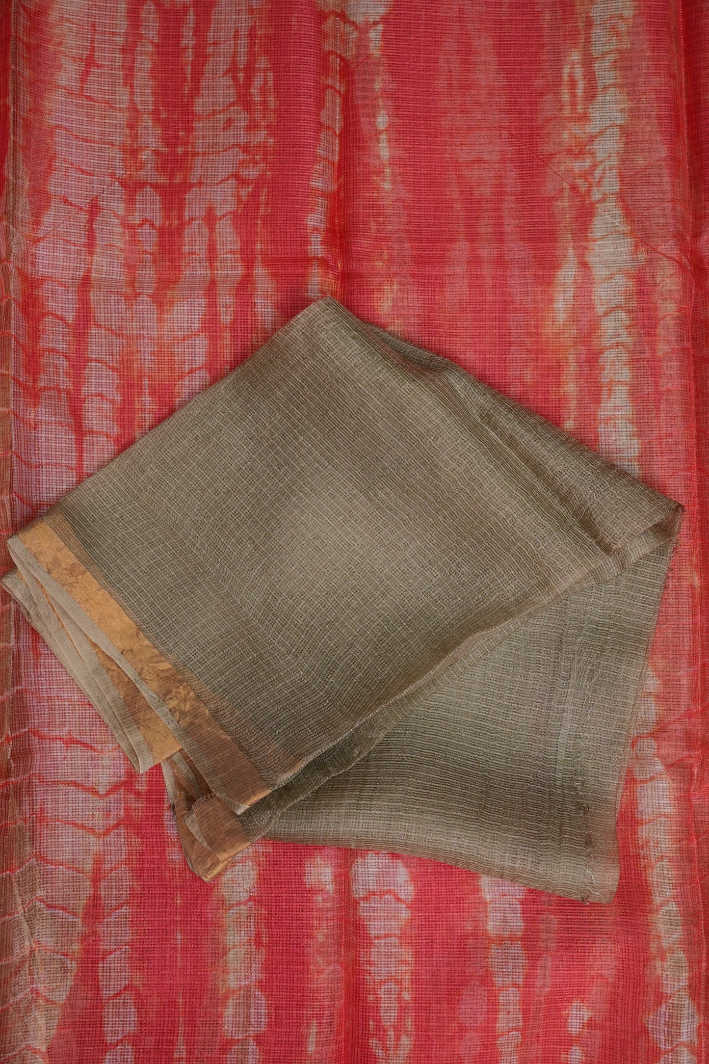 Silk Kota Shibori Tie & Dye Saree - Orange & Mud Brown