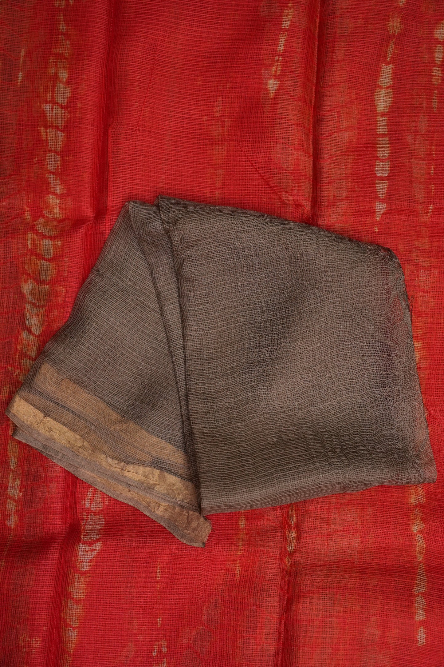 Silk Kota Shibori Tie & Dye Saree - Orange and Mud Brown