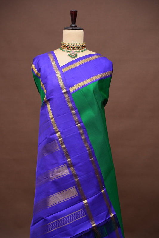 Emerald Green & Royal Blue Border Pure Kanchipuram Silk Saree|Silk Mark Certified