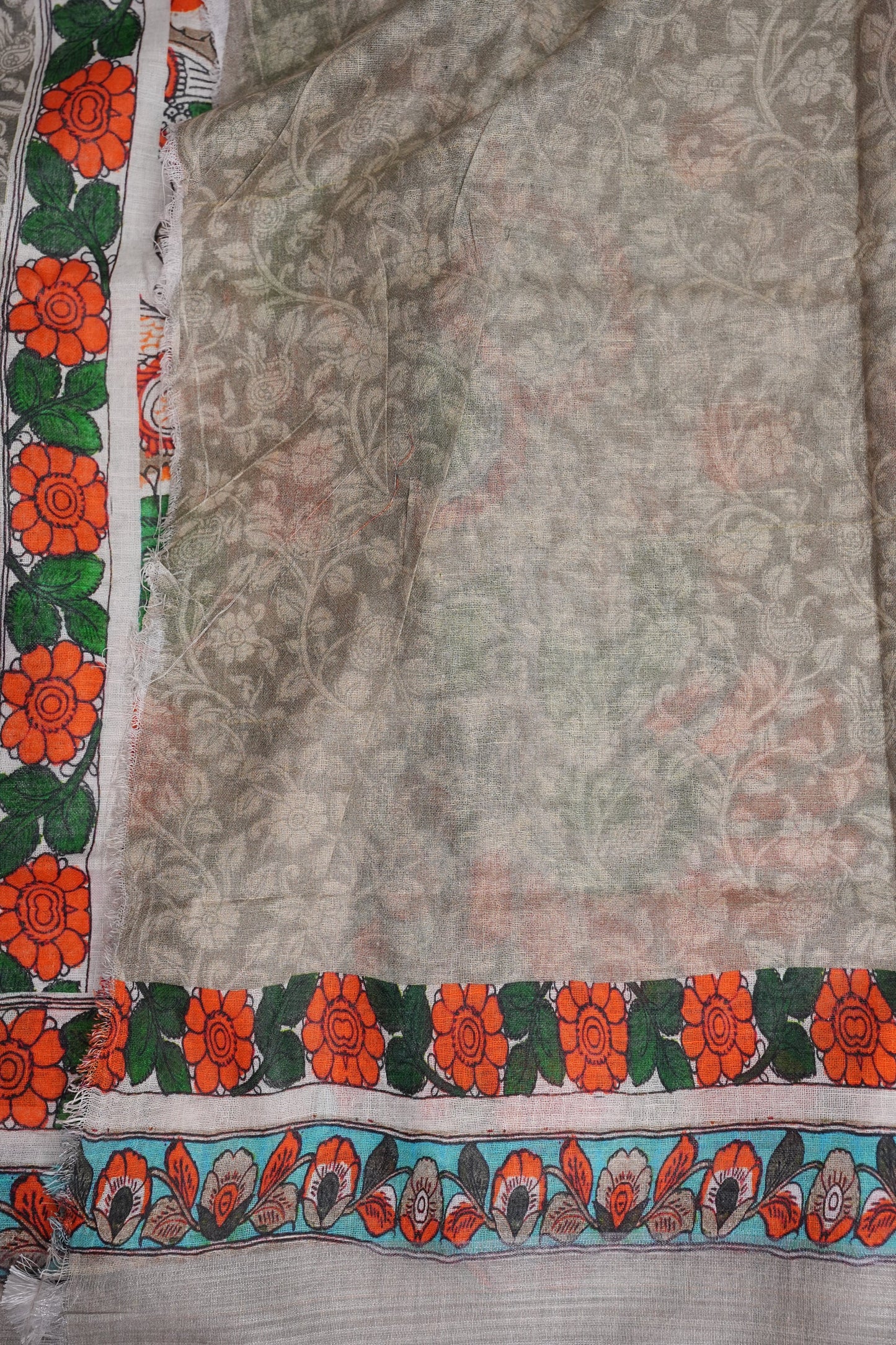 Digital Printed Pure Linen Saree - Half White