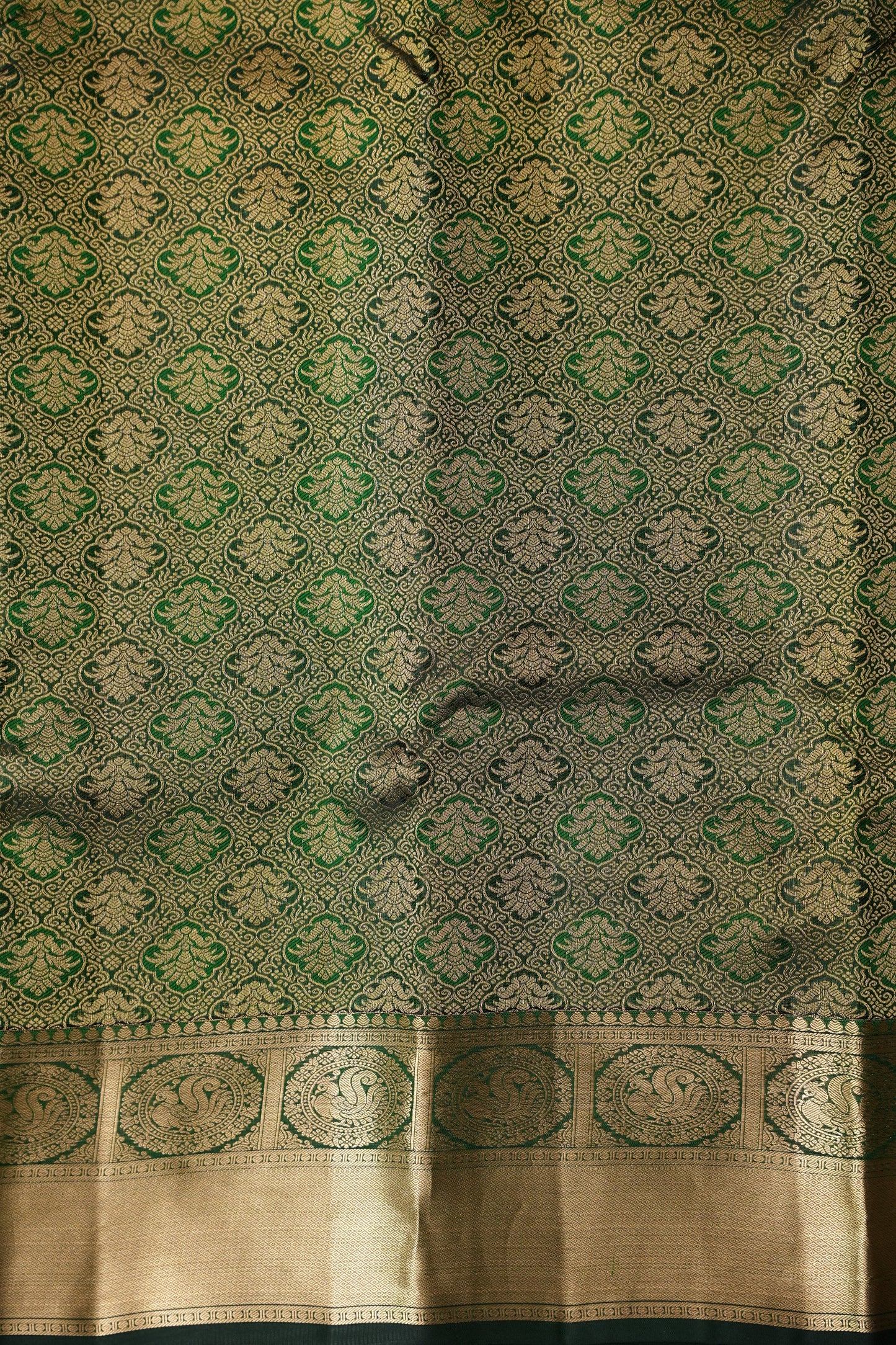 Green Pure Kanchipuram Silk Saree with Antique Gold Zari Weaving | Silk Mark Certified