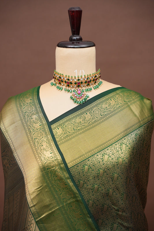 Olive Green Pure Kanchipuram Silk Saree with Brocade Zari Weaving | Silk Mark Certified