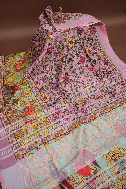 Digital Printed Pure Linen Saree - Baby Pink