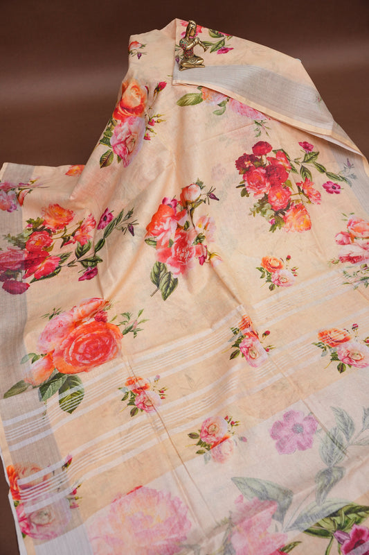 Digital Printed Pure Linen Saree - Beige