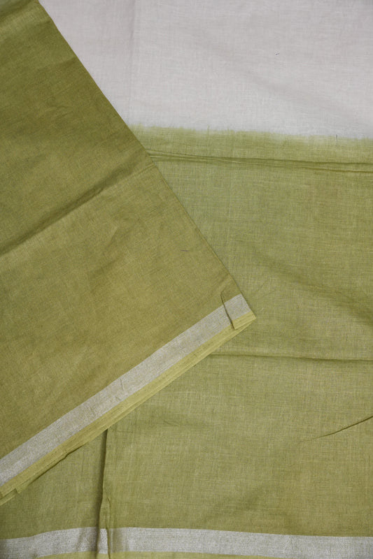 Hand Embroidery Pure Linen Saree With Tissue Border - Olive Green and White Ombre