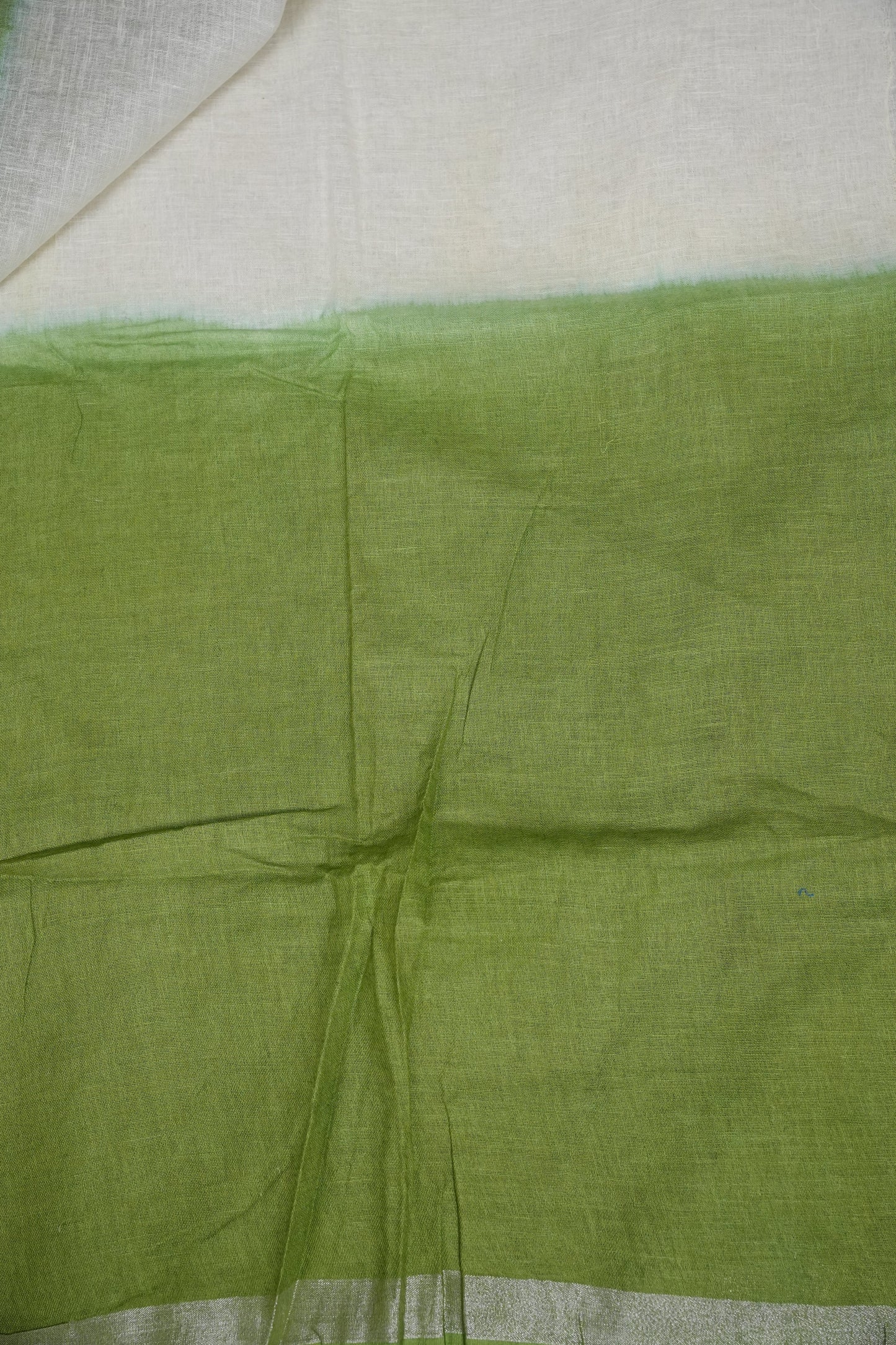 Hand Embroidery Pure Linen Saree With Tissue Border - Sage Green and White Ombre