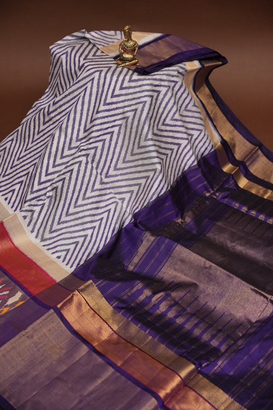 Pure Ikkat Soft Silk Saree - Ivory & Deep Purple